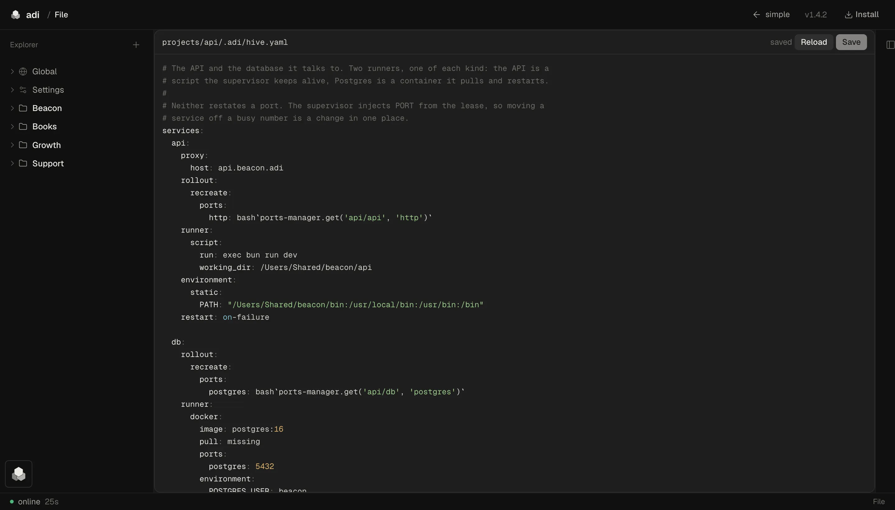 The panel's own file browser with projects/api/.adi/hive.yaml open and editable — the service, its host, its runner and the port it leases, in plain YAML.