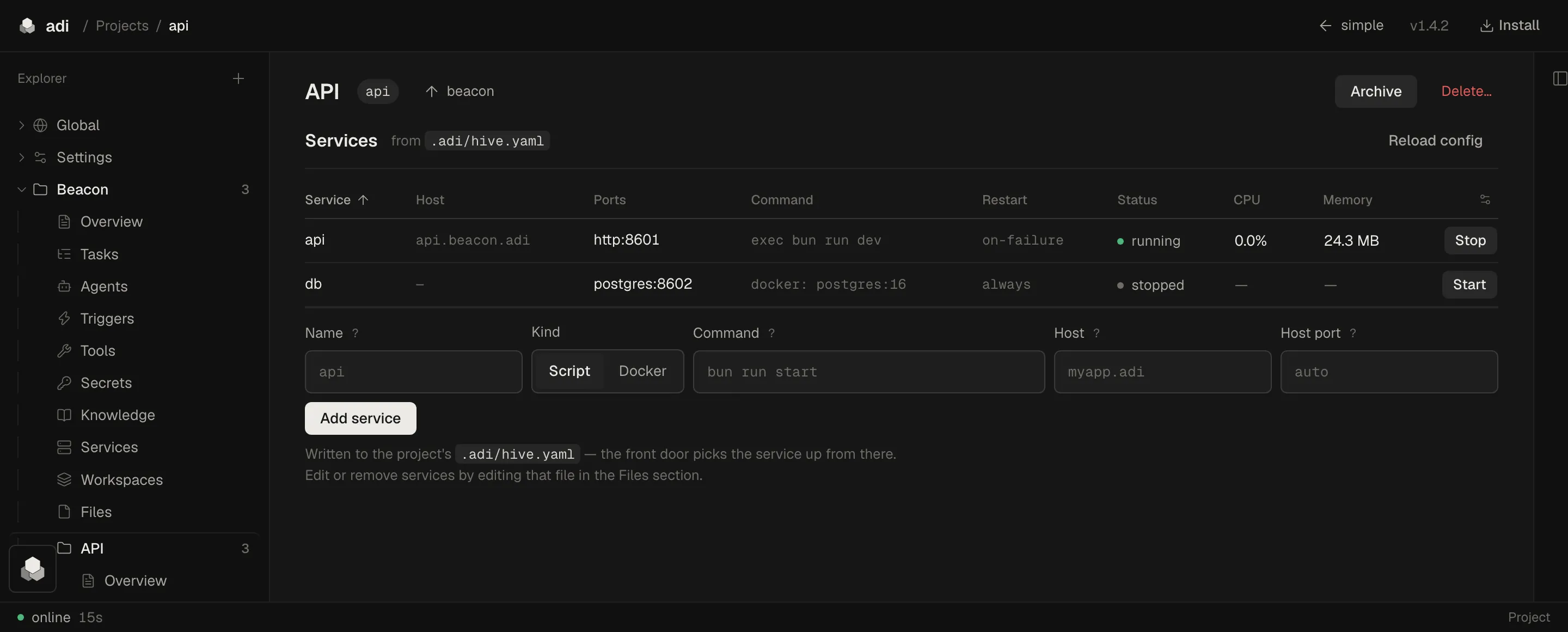 One project's Services panel: an api service on api.beacon.adi running from a script at 24.3 MB, and a db service declared as a postgres container, stopped, with a Start button.